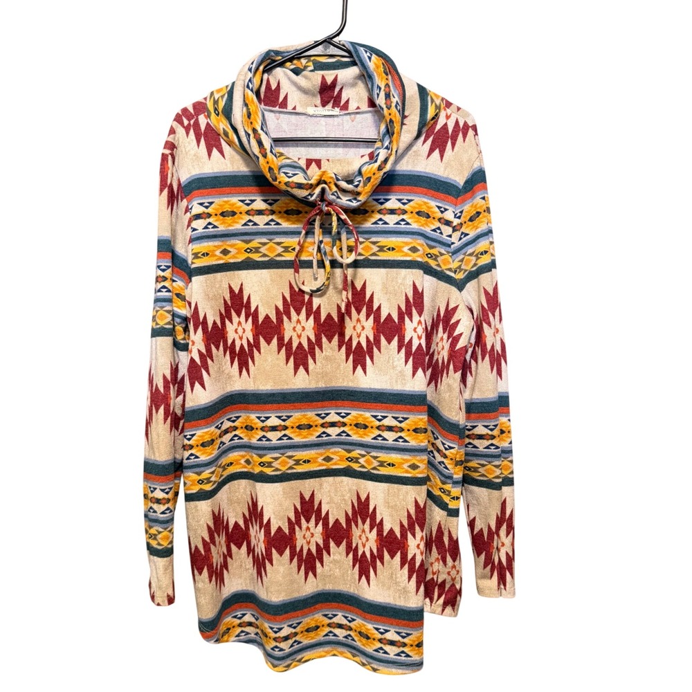 Viamor Womens 1X Southwestern Aztec Cowl Neck Tunic Pullover Made in USA 2152TX